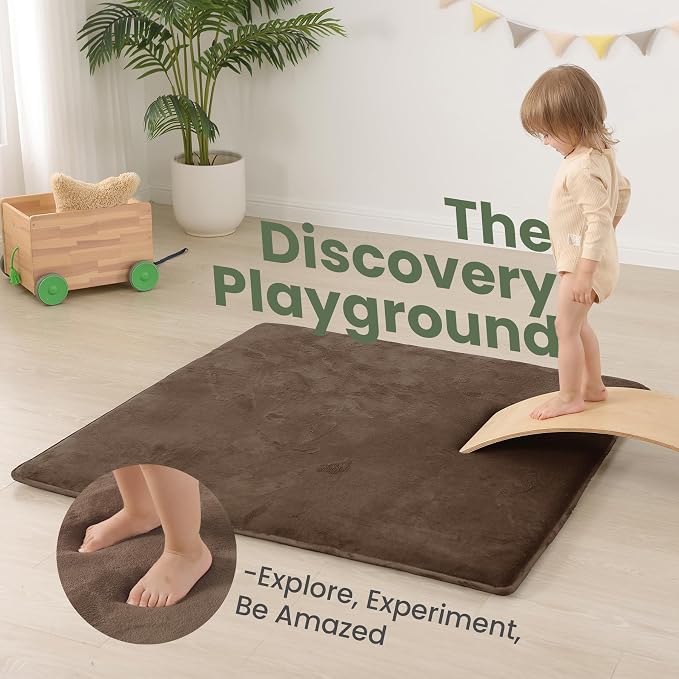 Huloo Sleep Baby Play Mat for Floor,1.3" Thick Elasti-Foam 50"×50" Playpen Mat for Tummy Time,Water Repellent Soft Coral Velvet for Toddler,Infant,Kids,Non-Slip Backing Safe for Crawling(Dark Brown)