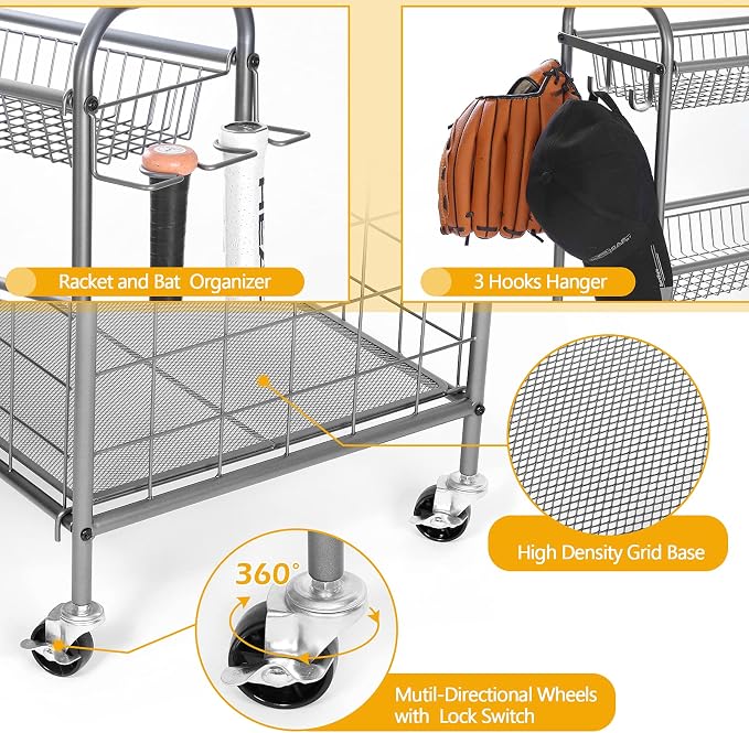 Kinghouse Garage Ball Organizer, Includes Storage Bin, Bat Holder, Hooks | Rolling Sports Equipment Organizer with Wheels, for Basketball, Toys, for Garage, Indoor, Gym, Outdoo