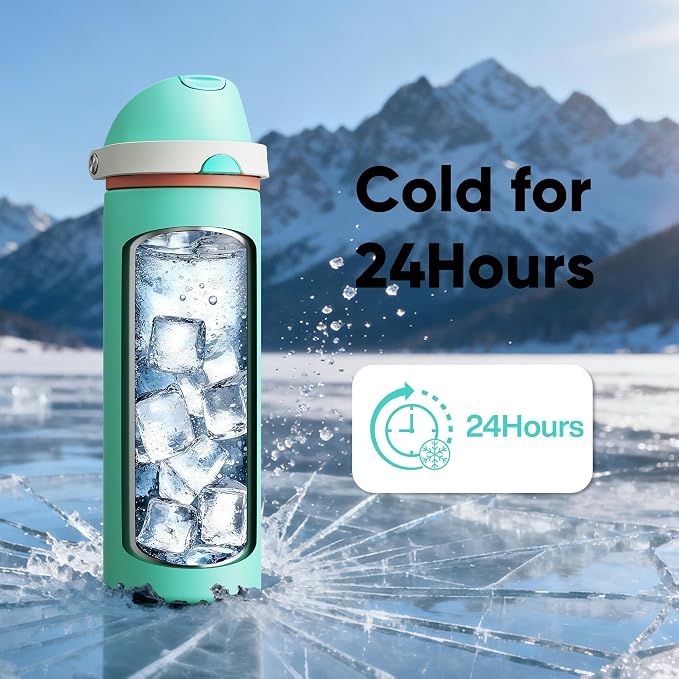 Insulated Water Bottle with Straw - Encool Stainless Steel Water Bottle with Push Button Lid, Leak-Proof & BPA-Free, Keeps Cold for 24 Hours for Sports, Travel, Gym (24 oz, Turquoise)