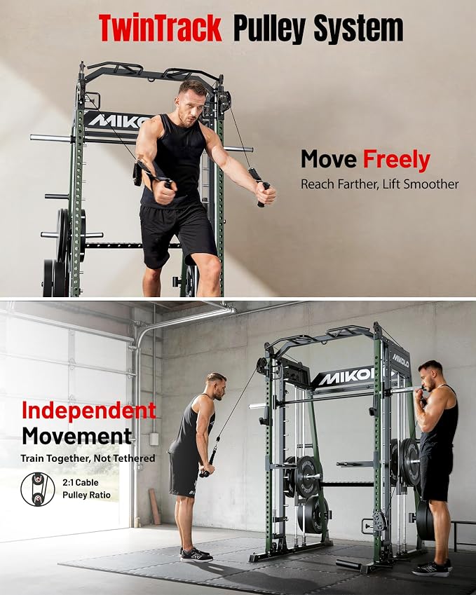 Mikolo M4 2.0 Smith Machine, 2200lbs Squat Rack with LAT-Pull Down System & Cable Crossover Machine, Training Equipment with Leg Hold-Down Attachment