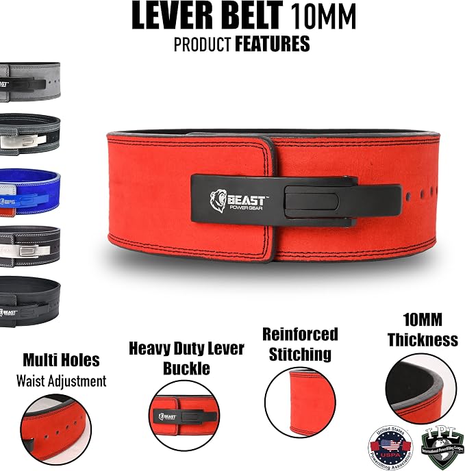 Beast Power Gear Weight Lifting Belt Lever Buckle 10MM 13MM Thick & 4 Inches Free Strap Weightlifting, Powerlifting, Deadlifts, Squats Men Women