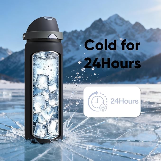 ENCOOL Insulated Water Bottle with Straw Stainless Steel Water Bottle with Push Button Lid, Leak-Proof & BPA-Free, Keeps Cold for 24 Hours for Sports, Travel, Gym (32 oz, Tuna Grey-Silver)