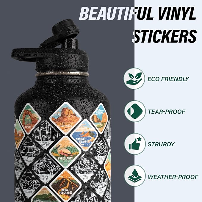 DYSANKY National Parks Water Bottle – 64 oz Insulated Stainless Steel Bottle with 63 Hand-Drawn Park Stickers, Carrier Bag, Strap & Gift Box – BPA-Free – Ideal for Hiking, Camping & Travel