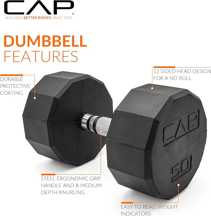 CAP Rubber Coated Dumbbell Weights, Free Weights for Home Gym Strength Training, Anti-Roll Hex Dumbbells with Black, Chrome & Comfort Grip Handles, Pairs & Sets