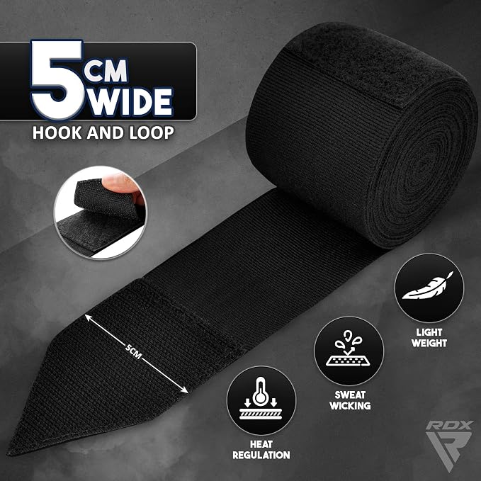 RDX Boxing Hand Wraps 4.5M / 180 Inches – Mexican Style Semi-Elastic MMA Inner Gloves - Wrist Support for Muay Thai, Kickboxing, BJJ, Karate - Thumb Loop & Hook and Loop Closure - Cotton & Nylon Blend