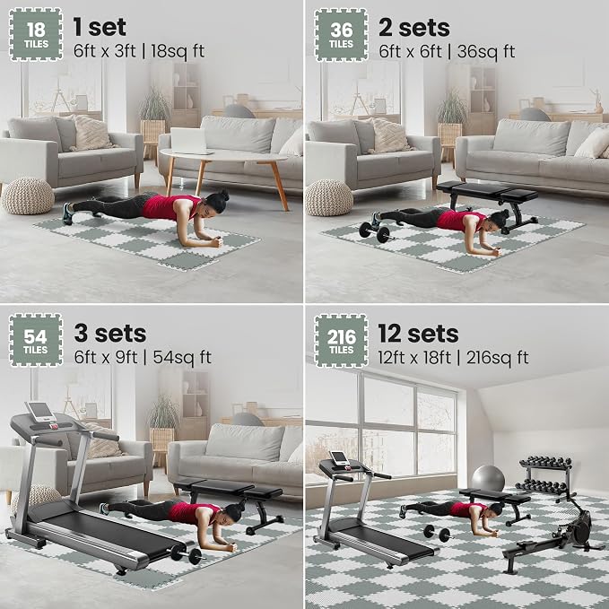 bemaxx Gym Mats Set - 18 pcs EVA Interlocking Foam Floor Tiles (12.6"x12.6"x0.4") 18sqft Protective Gym Flooring Sports Home Workout Exercise Mats Puzzle Garage Fitness Play-Room Pool Treadmill Bike