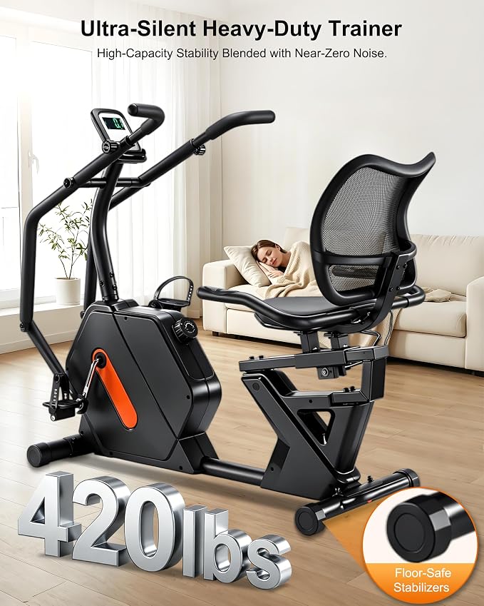 Kawnina Recumbent Exercise Bike for Home with Arm Exerciser, 420 lbs | Heavy-duty stationary bike with ergonomic mesh backrest, adjustable seat rail, arm exerciser & 16-level magnetic resistance.