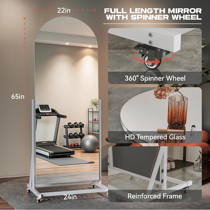 65"x24" Arched Full Length Rolling Mirror on Wheels for Gym, 360° Rotate | Tempered glass, sturdy metal frame, floor standing with lockable wheels, ideal for bedroom, dressing room & dance studio.