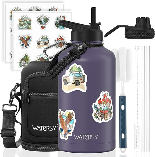 64oz Insulated Water Bottle (Cold for 48 Hrs),BPA Free&Leak Proof,Half Gallon Stainless Steel Water Flask,Water Jug with Straw Spout Lids for Gym,Hiking,Camping,Purple
