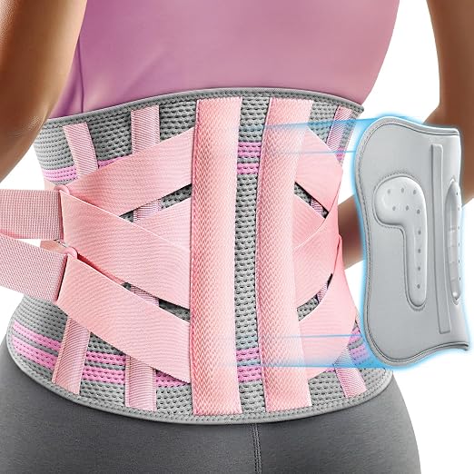 Rakiie Back Brace for Lower Back Pain Women with 9X Support System, Ergonomic Lumbar Support for Pain Relief, Breathable Mesh Design with 3D Silicone Pad for Sciatica, Pink Size XL (Waist: 39.4" – 47.6")