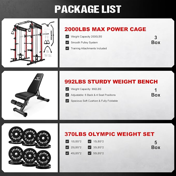 JELENS M21 Smith Machine, Multi-Function Power Cage with Dual Pulley Cable Crossover System, 2000LBS All-in-One Squat Rack with Smith Bar and Attachments for Home Gym