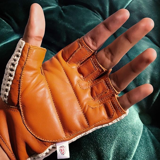 Retro Leather Crochet Cycling Gloves - Classic Tan