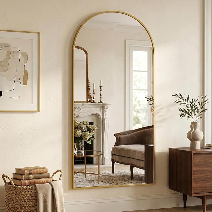 Suidia 71"x32" Arched Full Length Mirror with Stand, Full Body Mirror with Aluminum Frame, Freestanding/Leaning/Wall-Mounted, Floor Mirrors for Bedroom, Living Room, Entryway, Dressing Room, Gold