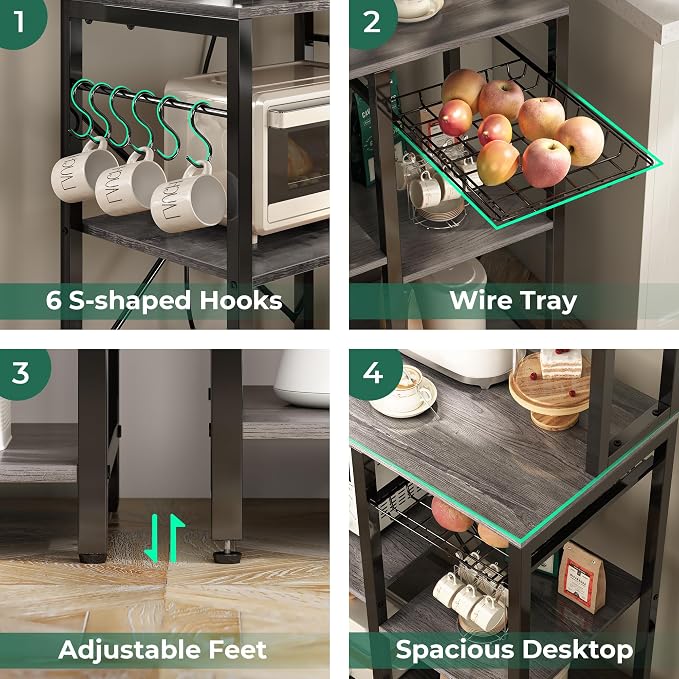 SUPERJARE Bakers Rack with Power Outlet, 35.4 Inches Coffee Bar with Basket | Kitchen Microwave Stand with 12 S-Shaped Hooks, Open Storage Shelves, Grey