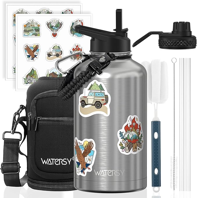 64oz Insulated Water Bottle (Cold for 48 Hrs),BPA Free&Leak Proof,Half Gallon Stainless Steel Water Flask,Water Jug with Straw Spout Lids for Gym,Hiking,Camping,Stainless