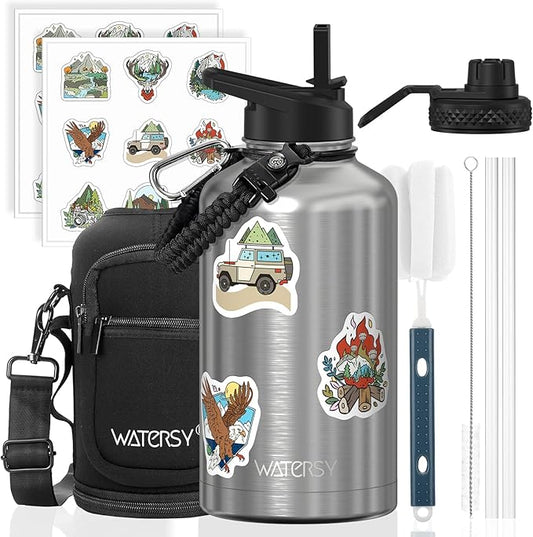 64oz Insulated Water Bottle (Cold for 48 Hrs),BPA Free&Leak Proof,Half Gallon Stainless Steel Water Flask,Water Jug with Straw Spout Lids for Gym,Hiking,Camping,Stainless