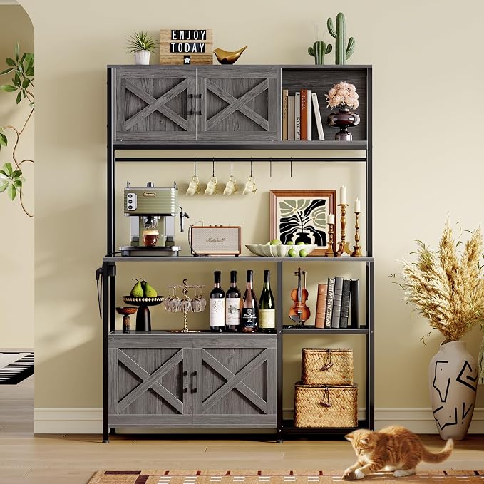 Huuger Large Bakers Rack with Power Outlet, Kitchen Microwave Stand with Cabinets, Coffee Bar Table Station with Storage, 6 S-Shaped Hooks, Mesh Shelves, 45 Inch Wooden Top, Grey