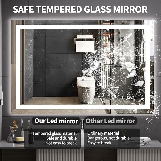 Koonmi 40x28 LED Bathroom Mirror with Light, Anti-Fog, 3 Colors | Backlit + Front Lit, Dimmable Brightness, Shatterproof HD Distortion-Free Tempered Glass, Hardware Included