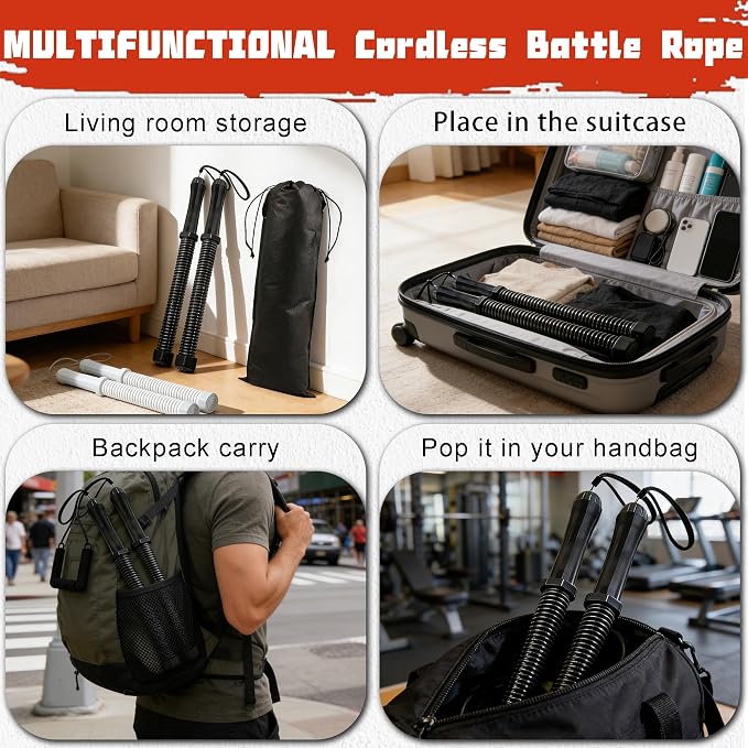 2-in-1 Ropeless Battle Rope & Vibration Bar, Portable Cordless Fitness Ropes for Home Gym, Strength Building, HIIT Training & Low-Impact Aerobic Training for Men and Women