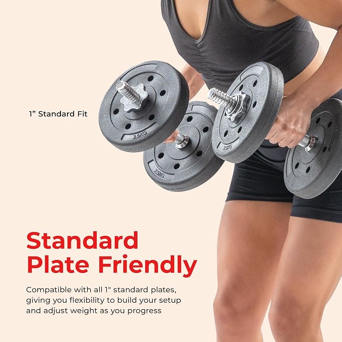 Sunny Health & Fitness Threaded Dumbbell w/Star-Lock Collars, 14"- 24" Pair | 1" Plate Compatible, Chrome Handle, 110 lb Capacity, 25mm Knurled Grip, Star-Lock Collars, Home Gym Training