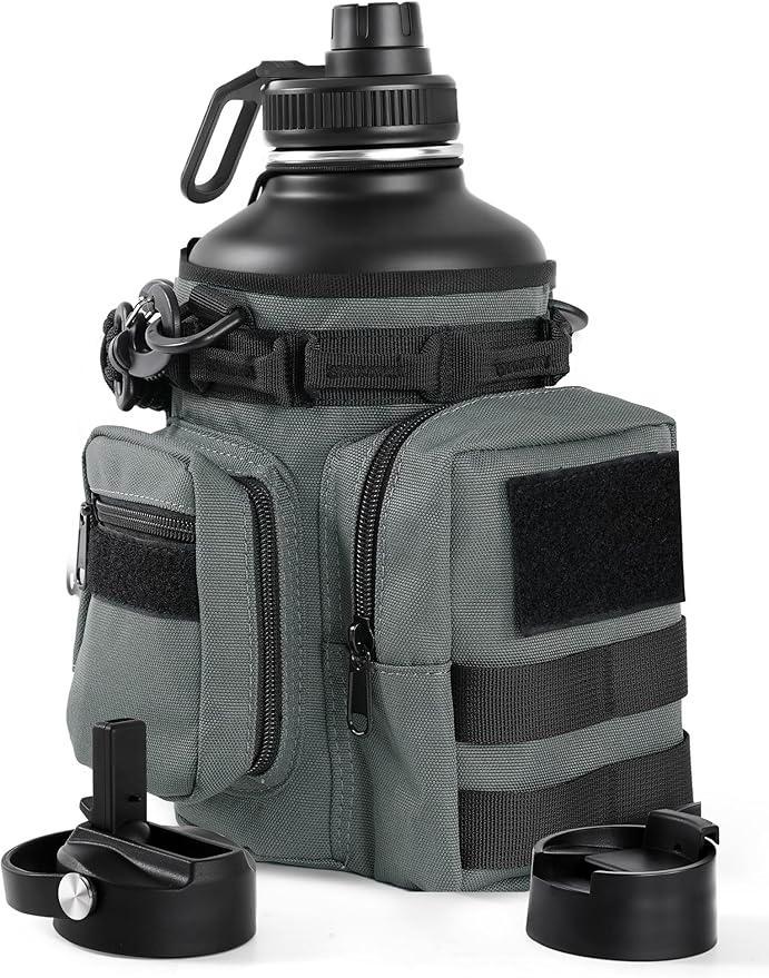 Tactical Half Gallon Water Bottle with Straw, 64 Oz Insulated Water Jug with Molle Water Bottle Holder, Stainless Steel Sport Bottle with 3 BPA Free Lids for Gym Workout Hiking (64oz-Gray)