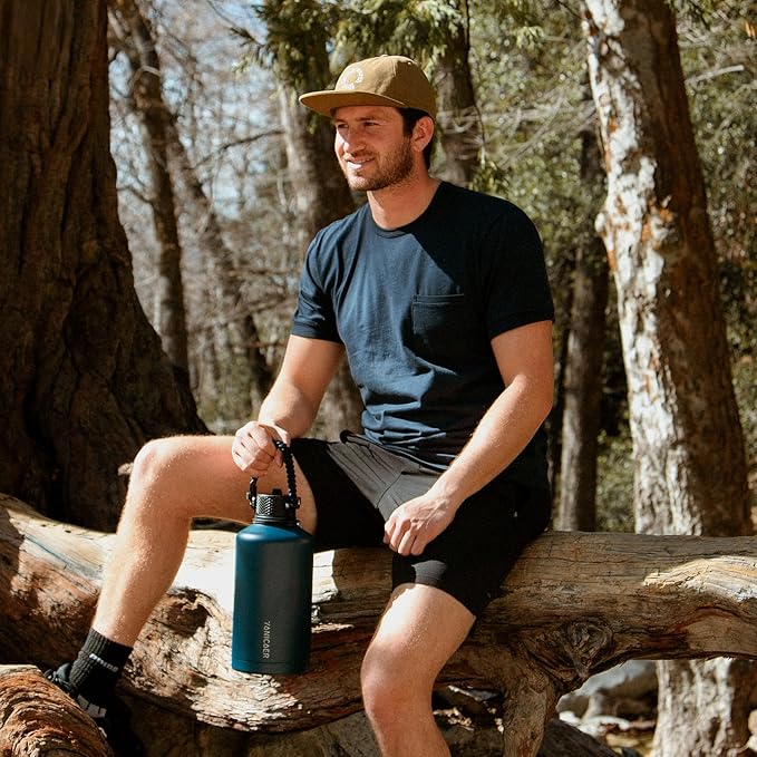 Insulated Water Bottle 64oz,Triple Wall Vacuum Stainless Steel(Dishwasher Safe),Leak Proof & Non-BPA,Flask Jug with Paracord Handle & Straw Spout Lids Sports Navy Blue