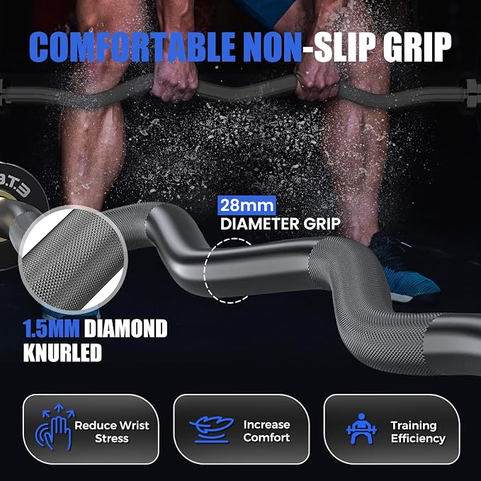 47” Solid Steel Olympic Curl Bars, 500LB | EZ and Super EZ curl bars with knurled grips, rotating sleeves, solid steel build, and 2-inch Olympic plate compatibility