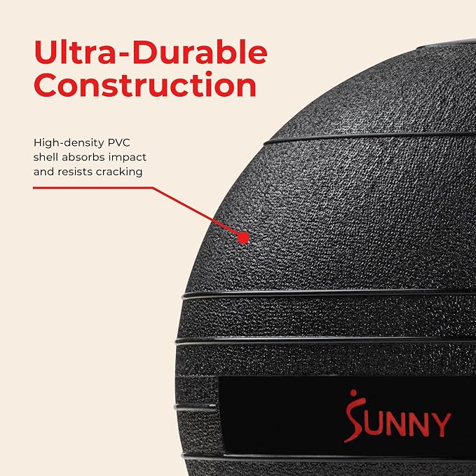 Sunny Health & Fitness Slam Medicine Ball - Sand-Filled, No-Bounce | 10-50LB, Sand-Filled, No-Bounce Core, Treaded Rubber Grip, Durable Flexible Shell, Full-Body Training, High-impact
