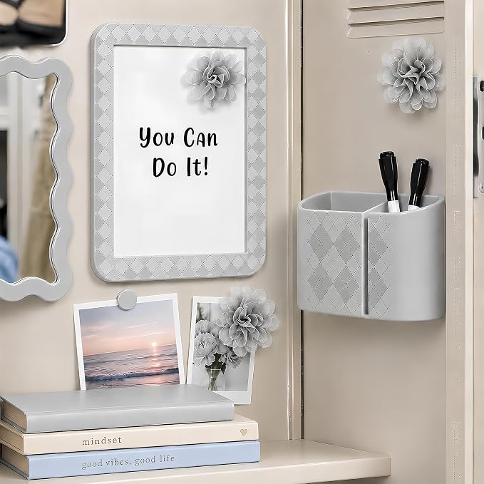8 PCS Gray Locker Accessories Kit for Girls with Magnetic Mirror Whiteboard Pen Holder Flower Magnets Cute Aesthetic Locker Decoration Set for School Dorm Office Organization