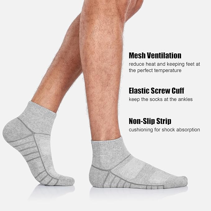 Lapulas Athletic Quarter Socks for Men Women, Cotton Mesh, Cushioned Arch Support, Non-Slip Running Ankle Design, 6 Pack