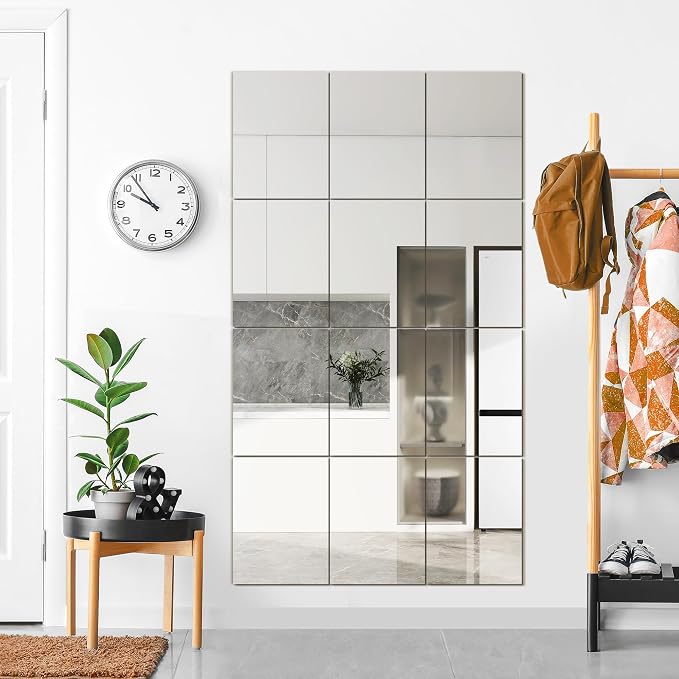 TRAHOME Wall Mirror Tiles, 16"x12"x12PCS Full Length Home Gym Mirror | HD Tempered Glass, Frameless Workout Mirror for Garage, Bedroom, Living Room, Over The Door