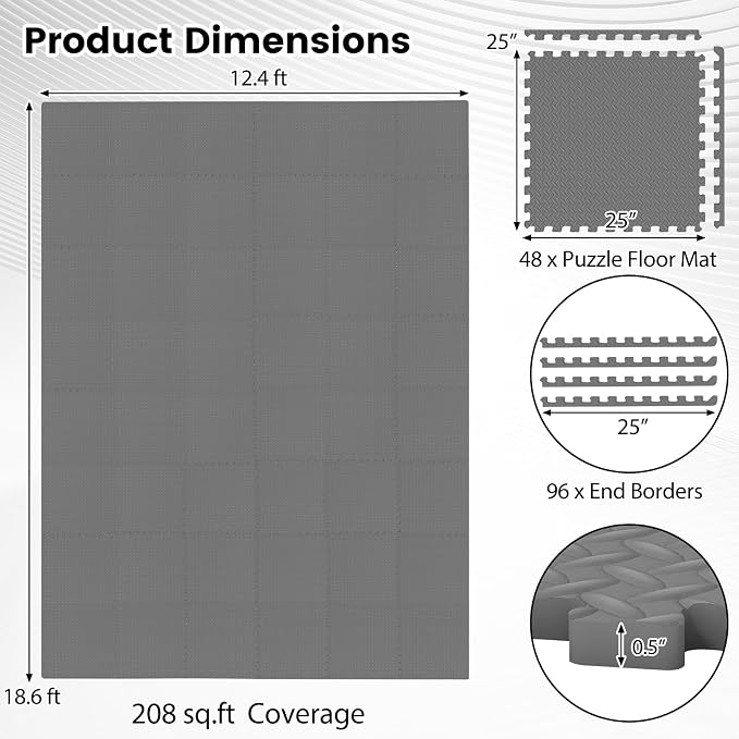 Tangkula 48 Tiles Exercise Flooring with Border, Non-Slip EVA Foam Protective Mats, Elastic Puzzle Play, 1/2" Interlocking Floor for Home Gym, Fitness Room, Workshop Equipment (Gray)
