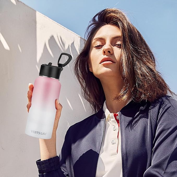 Insulated Water Bottle With Straw,32 oz Vacuum Insulated Stainless Steel Sports Water Flask,Keeps Cold and Hot,Metal Water Bottle Wide Mouth for Gym Travel Camping (Pink & White)