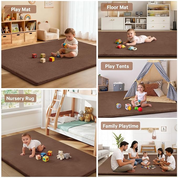 Baby Play Mat for Floor,Ultra Thick Elastic Foam 59"x59" Playmat Tummy Time Muscle Crawling Exercise Activity Cushion Gym Mat Nursery Playroom Area Kids Rug for Babies, Toddlers,Infants,Reddish Brown