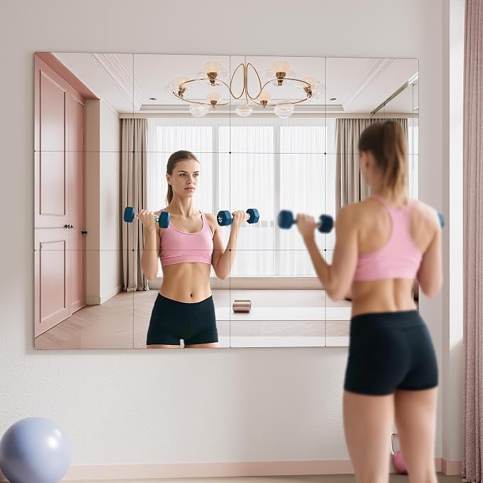 12 Pack Tempered Glass Gym Mirror Tiles 12" x 12" Each Self-Adhesive Wall Mirrors, Frameless Workout Mirrors for Home Gym Workout Yoga