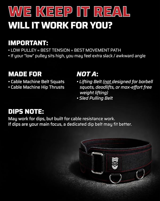 THEFITGUY Original Multi-Attachment Belt for Cable Squats & Hip Thrusts | 5 D-ring points, 2 straps (40in/27in), hook-and-loop closure, fits a 32-52in waist for glute and quad work