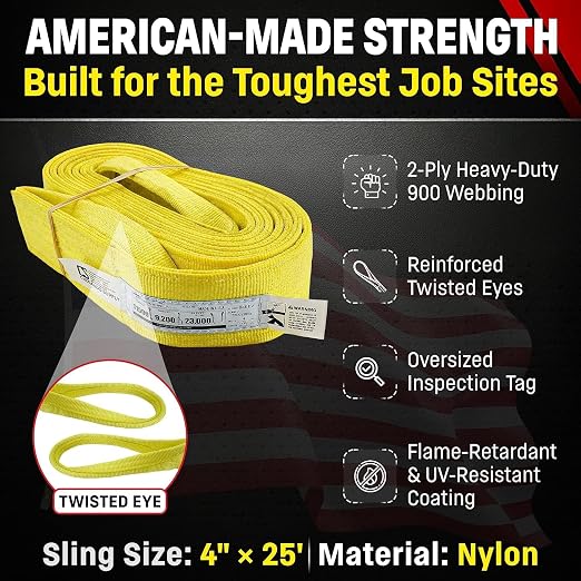 DD Sling 4 Inch x 25 Foot Nylon Lifting Sling – USA Made, 11,500 lb Vertical, 9,200 lb Choker, 23,000 lb Basket – 2-Ply Heavy Duty 900 Webbing, Type 4 Twisted Eye & Eye Rigging Sling