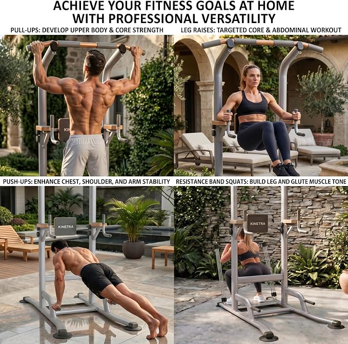 Multi-Function Power Tower Pull Up Bar Station with Pilates Resistance Bands, 450LBS Stable Pull Up Dip Station with Push Up Handles for Home Gym Strength Training Equipment