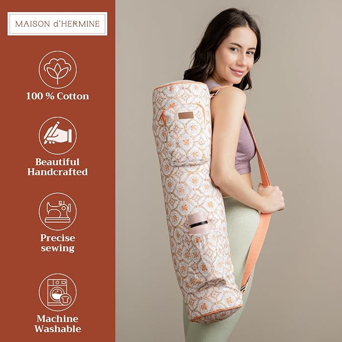 Maison d' Hermine Yoga Mat Duffle Bag Gym Tote Yoga Mat Carry Bag | Cylindrical bag for Woman Men Gifts Adjustable shoulder straps with Drawstring Water Bottle Pocket and zipper pocket