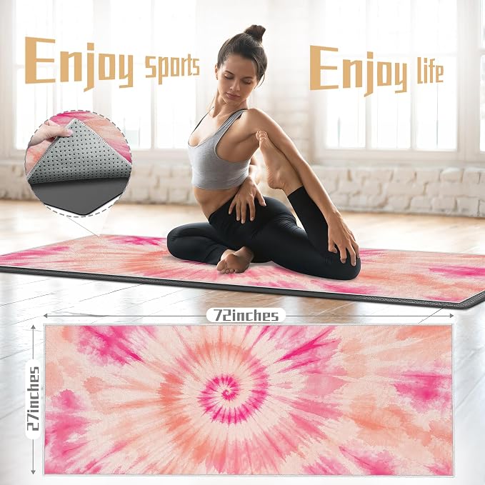 Yoga Mat Towel Non Slip Ultra-Absorbent Hot Yoga Towel, Super Stylish Printed Sweat Hot Yoga Towel, Ideal for Home, Workouts, Pilates, Yoga, 72 x 27in, Orange & Pink Tie Dye