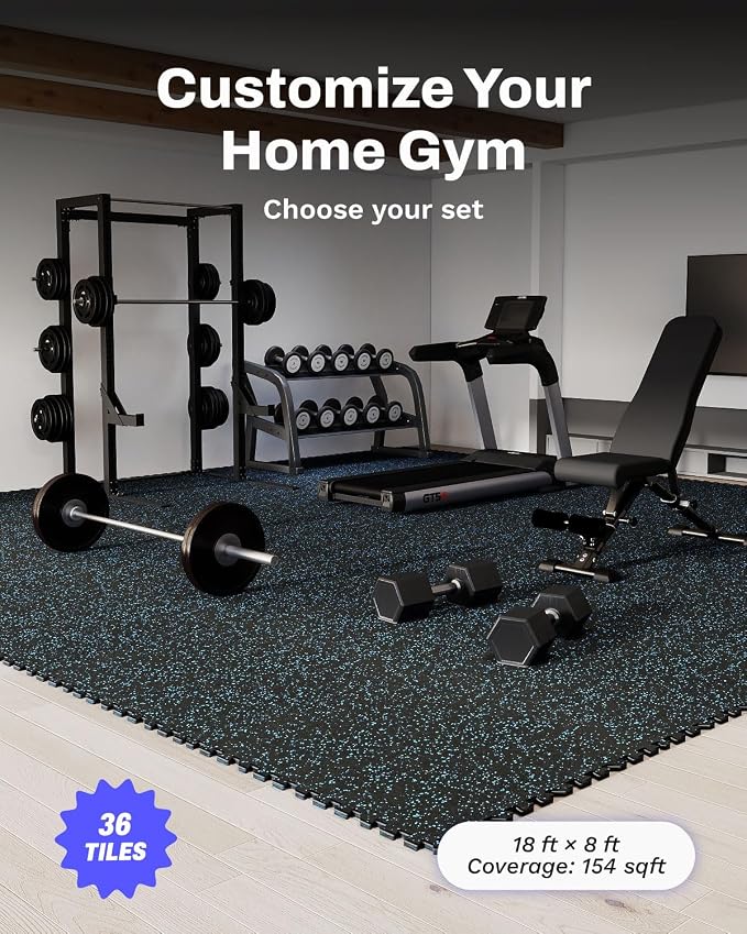 AIRHOP 0.56in Thick 144 Sq Ft Exercise Equipment Mats, 36 Tiles Upgraded Rubber Top with High Density EVA Foam, Large Interlocking Puzzle Gym Flooring for Home Gym, Heavy Weight Workout, 24 x 24in