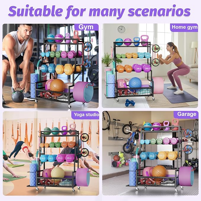 Dumbbell Rack for Home Gym, 490 lbs Weight Storage Rack with Wheels & Hooks | Heavy-Duty 490 lbs Weight Capacity,Easy Mobility with Locking Wheels,All-in-One Fitness Equipment Storage