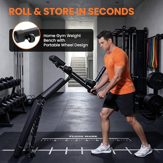 VUSIGN Adjustable Workout Bench, Weight Bench for Home Gym, Preacher Curl Bench with Leg Extension for Full Body Training Fitness, Foldable Incline Flat Decline Sit Up Bench Equipment for Bench Press Dumbbell Exercise with Wheels