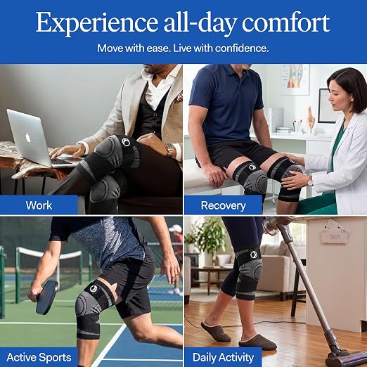 Knee Brace for Women and Men, Adjustable Knee Compression Sleeve | Breathable knee support with crossing straps and graduated compression for walking, work, workouts, sports and daily wear.