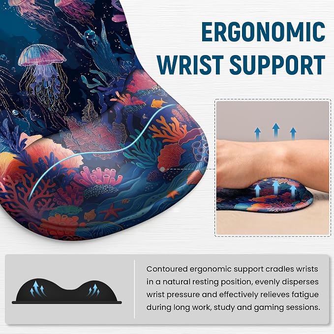 Ergonomic Mouse Pad with Wrist Rest, Gel Wrist Support, Jellyfish | 10.2 x 7.6 in Mouse Pad with Smooth Fabric Surface and Non-Slip Rubber Base for Office, Home, Study, and Gaming