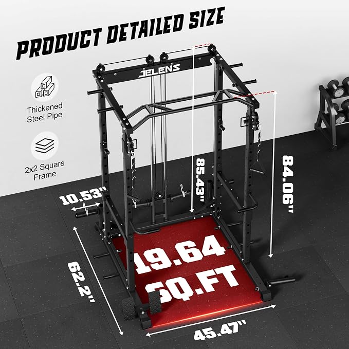 JELENS C12 Power Rack, 2000LBS Squat Rack with Cable Crossover System, Workout Cage with More Training Attachments for Home Gym