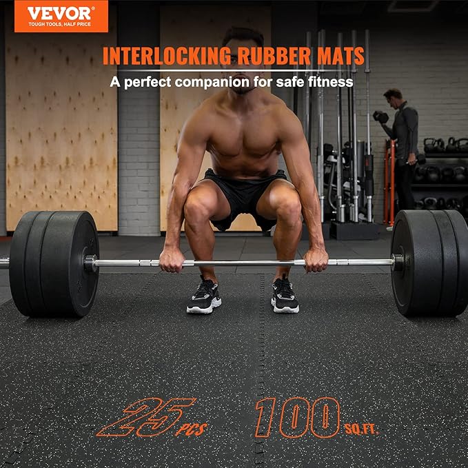 VEVOR 0.56Inch 100sq.ft Exercise Equipment Mats, 25 Tiles Upgraded Rubber Top with High Density EVA Foam, Interlocking Gym Flooring for Home Gym, 25 x 25In Gym Mats, Puzzle Workout Mats, Black & Gray | Rubber Top with Dense EVA Foam, Interlocking Gym F...