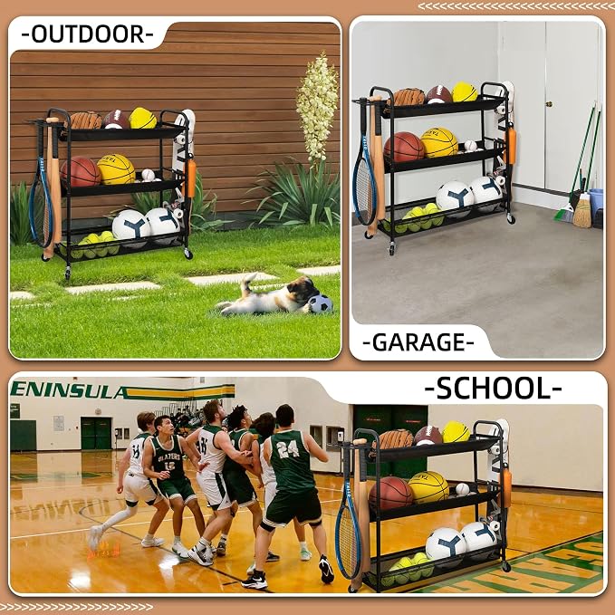 STORAGE MANIAC Basketball Rack 3-Shelf Training Stand with Wheels | Sports Ball Cart with Hooks, Rolling Ball Basket Storage for Garage or Gym, Indoor & Outdoor Sports Equipment Organizer