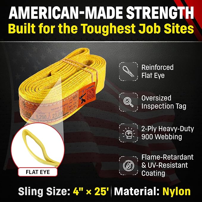DD Sling 4 Inch x 25 Foot Nylon Lifting Sling – USA Made, 11,500 lb Vertical, 9,200 lb Choker, 23,000 lb Basket – 2-Ply Heavy Duty 900 Webbing, Type 3 Flat Eye & Eye Rigging Sling