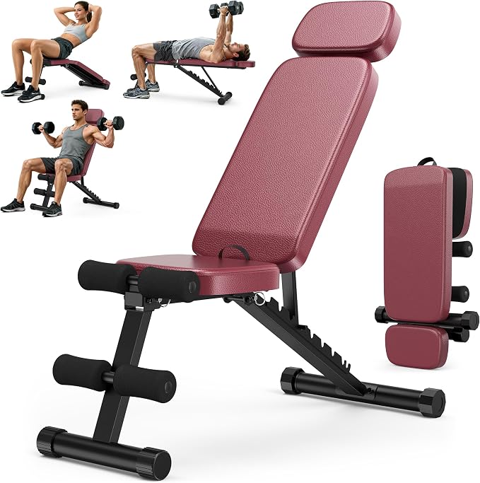 XDDIAS Workout Bench, 10 Backrests Adjustable Weight Bench with Extended Headrest, 800LBS Foldable Weight Bench for Home Gym, Incline Decline Flat Bench Compact for Small Space Training